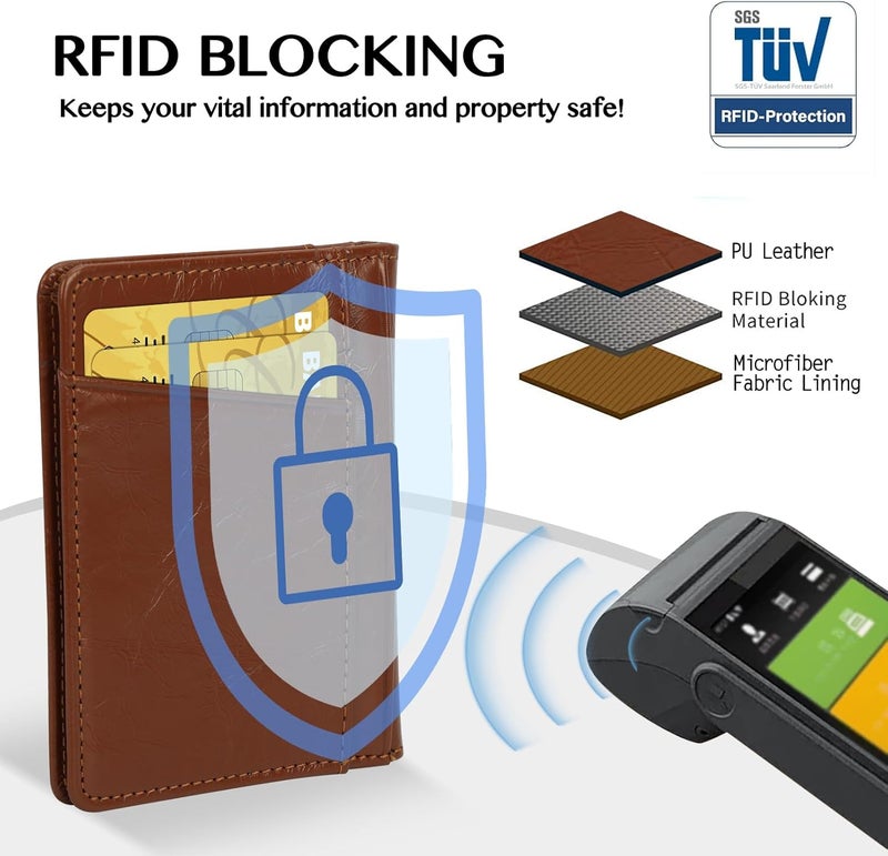 Unaone Slim Minimalist Wallet - Premium Leather Card Holder RFID Blocking Card Case with 8 Card Slots and 2 ID Window, Crackle Brown - Image 4